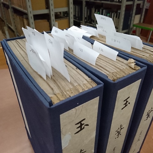 貼り紙がある部分や修復が必要な部分に短冊を挟んだ資料