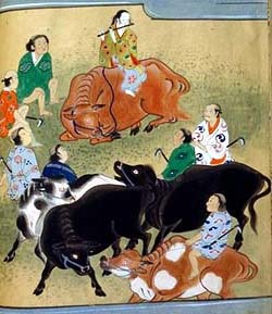 [The Emperor playing the flute while taking care of the cow] 	