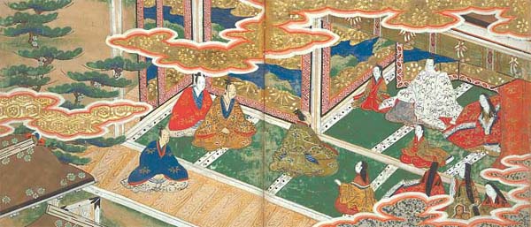 [View of Lord Daiguji's magnificent mansion. Lord Daiguji sits in line with his wife and children. The upright figure in the green clothes is Bunta.]