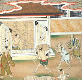 [Bunsho tells Lord Daiguji that his wealth is too great to be counted. His store houses are crammed full of straw rice bags.]